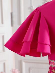 Tween Girls' Asymmetrical Collar Dress With Floral Print, Pleated Hem And Zigzag Design - Hot Pink - View 3