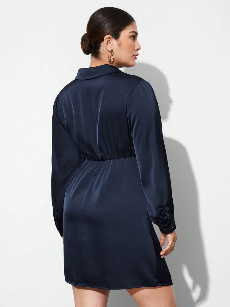 Plus Size Solid Color Surplice Wrap Belted Dress