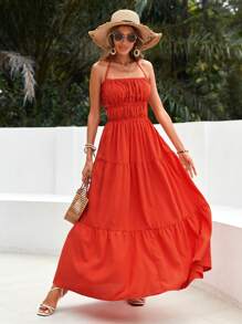 SHEIN VCAY Solid Color Vacation Halter Neck Backless Strap Sundress - Burnt Orange - View 4