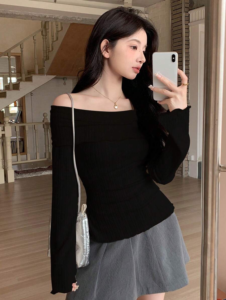 DAZY 女士露肩长袖T恤、秋装、返校服