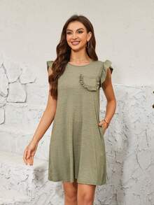 DEARCASE Casual Women's Dress With Ruffle Sleeves And Pocket Decoration - Army Green - View 1