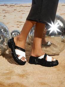 SheIn SXY Women's Black And White Fashionable Round-toe Flat Slippers