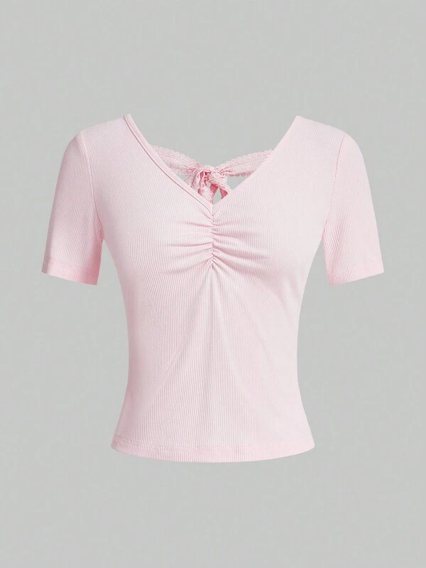 Is That The New Kawaii Women's VNeck Pink TShirt With Lace Back And