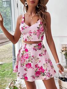 SHEIN VCAY Floral Printed Crop Cami Top And Skirt Vacation 2 Piece Set