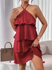 Chiquease Multi-Layer Ruffle Halter Dress - Red - View 4
