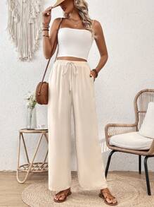 Breezaya Women's Loose Fit Straight Cut Wrinkled Texture Elastic Waist Drawstring Spring And Summer Pants Fall Cloth For Women - Apricot - View 6