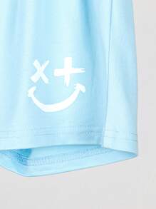 SHEIN Young Boys' Face Print Short Sleeve T-Shirt And Shorts Set - Blue - View 6