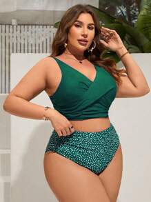 Swim Lushoire Summer Beach Plus Size Women's Cross Design Bikini Top And High Waisted Dotted Bikini Bottom