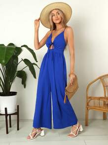 SHEIN VCAY 女式性感露背綁頸連體褲,適用於夏季沙灘度假 - 藍色 - 查看 3