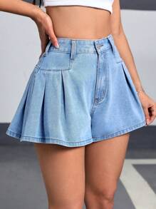 SHEIN EZwear 女式打摺寬鬆丹寧短褲 - 淺色水洗藍 - 查看 6