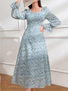 Modelyn Ladies' Floral Jacquard Bell Sleeve Dress - Blue - View 6