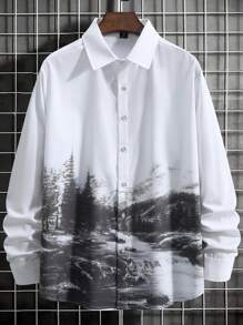 Manfinity Homme Lỏng lẻo phù hợp Nam Phong cảnh In Tay áo dài Áo sơ mi - trắng - Xem 3