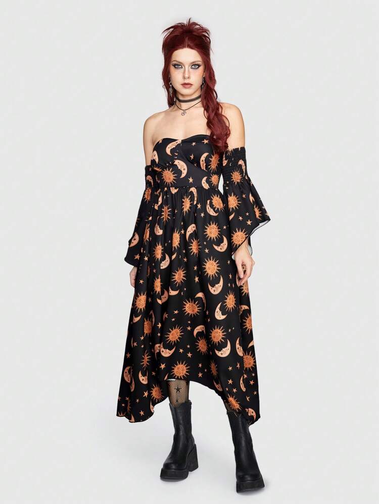 Women's Off Shoulder Sun, Moon, Stars Print Asymmetric Hem Flare Sleeve Dress