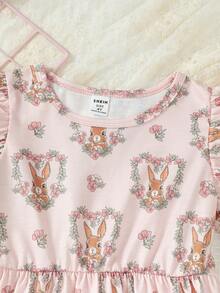 SHEIN Young Girls' Rabbit Print Round Neck Dress - Pink - View 4