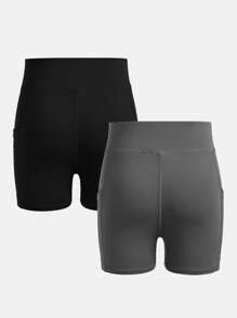 SHEIN Girlism Tween Girls' Knit Solid Color Fitted Casual Shorts 2pcs/Set - Multicolor - View 2