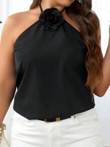 Celure Plus Size Solid Color Halter Top With 3d Flower Decoration