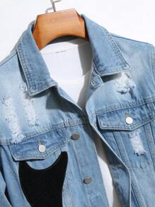 Manfinity Homme Men's Long Sleeve Denim Jacket With Distressed Details - Light Wash - View 3