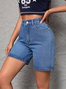 SHEIN PETITE Women's Solid Color High Waist Denim Shorts - Medium Wash - View 6
