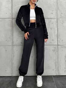 EURMUSE Women'S Zipper Front Jacket And Elastic Waist Long Pants Set - Black - View 1