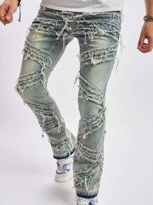 SHEIN Explorewe Nuevos Jeans Vintage Desgastados Para Adolescentes Con Remiendos Y Dobladillos Deshilachados, Casuales Y Elegantes - Azul lavado medio - Ver 4