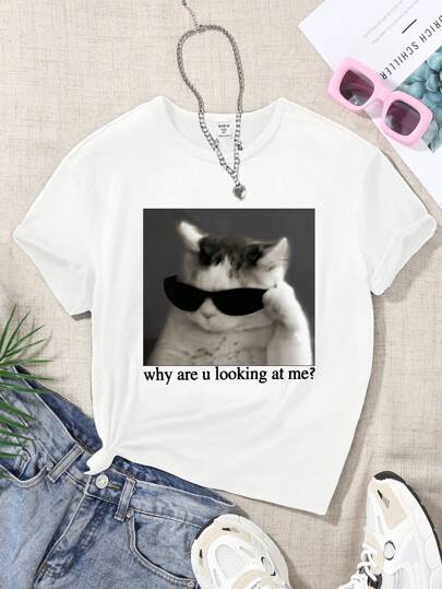 SHEIN Tjejer Katt & Slagord Tryckt T-shirts