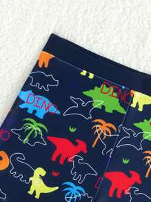 Young Boys' Casual Vacation Cartoon Dinosaur & Palm Tree Print Swim Trunks, Suitable For Beach, Swimming, Surfing, Spring/Summer - Navy Blue - View 4