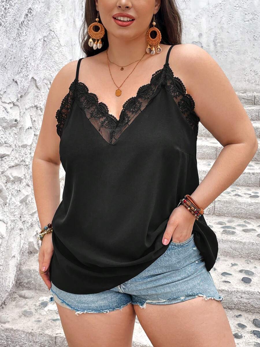 SHEIN CURVE+ Plus Size Spring Break Embroidered Mesh Trimmed Cami Black Top - Black - View 1