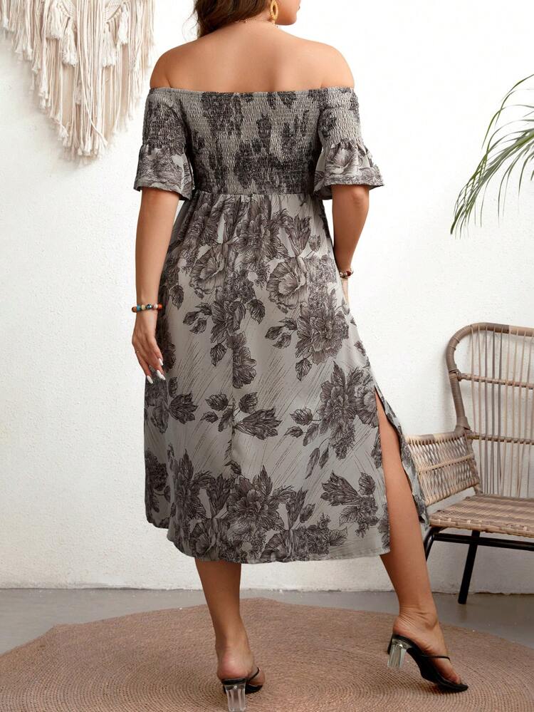 Plus Size Floral Print Off Shoulder High-Split Dress