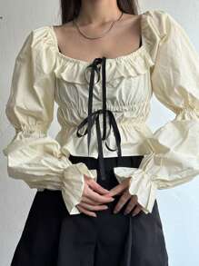 DAZY Camisa de mujer de unicolor con volantes y lazo delantero, blusa de manga larga para otoño - Amarillo - Ver 5