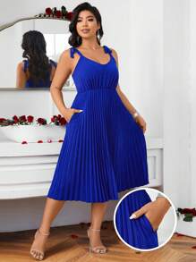 SHEIN Unity Plus Size Pleated Cami Dress With Knotted Shoulder And Hidden Pocket - Royal Blue - View 1