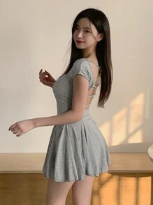 DAZY 女式无袖露背交叉连衣裙太阳裙 - 淺灰色 - 查看 3