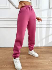 SHEIN Cottnline Pantalones Deportivos Con Cordón En La Cintura Y Dobladillo Con Puños Para Mujer - Rosa - Ver 4
