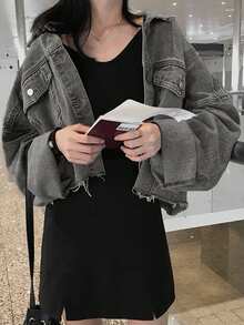 宽松纯色原色下摆女式落肩长袖休闲牛仔夹克