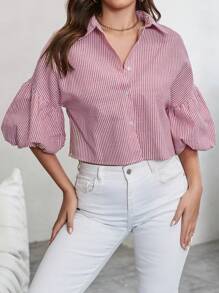 SHEIN Privé Ladies' Vertical Stripe Lantern Sleeve Blouse For Valentine'S Day, Dating , Parties And Summer Holiday - Red - View 5