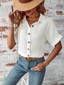 SHEIN LUNE Women's Solid Color Textured Button Front Shirt - White - View 6