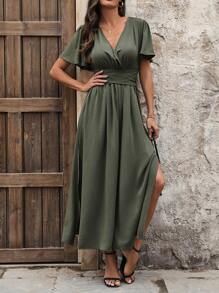 SHEIN LUNE Vestido Con Cuello En V, Manga Corta Y Falda Acampanada Para Mujer - Verde militar - Ver 4