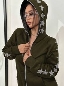 SHEIN Unity 帶鑽石星星圖案的帽衫 - 軍綠色 - 查看 5