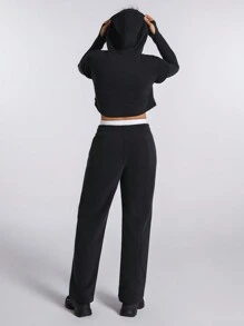 GLOWMODE Everyday Terry 2-In-1 Drawstring Long Sleeve Cropped Hoodie Sweatshirt With Thumbhole - Black - View 5