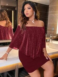 Rochie elegantă de petrecere cu paiete, mărime plus, cu umeri goi - Burgundia - Vizualizare 4