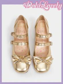 Dola Lovely Women's Bow Knot Printed Mary Jane Shoes With Heart-Shaped Double Straps And Buckle Detail, Fashionable High Heel Pumps