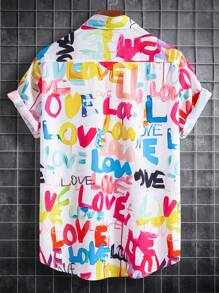 OTTIMOZO Áo sơ mi nam tay ngắn họa tiết chữ nhiều màu sắc (Cắt bất đối xứng), đi nghỉ, cặp đôi, đi biển - Nhiều màu - Xem 2