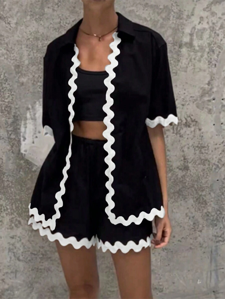 SHEIN Clasi 女士編織帶拼接休閒兩件套裝 - 黑色 - 查看 1