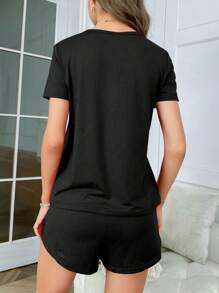 Sloth Print Short Sleeve T-Shirt And Shorts Pajama Set - Black - View 2