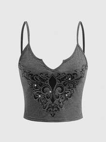 ROMWE Fairycore Ladies' Sparkling Rhinestone Embellished Camisole Tank Top - Dark Grey - View 1