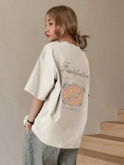 DAZY Floral & Letter Print Drop Shoulder Tee Oversized T-Shirt