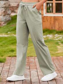 Acelitt Women's Drawstring Waist Casual Long Pants, Minimalist Style For Daily Wear - Green - View 6