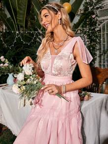 Simplee Women's Sheer Mesh Spliced Cocktail Party Dress - Pink - View 4