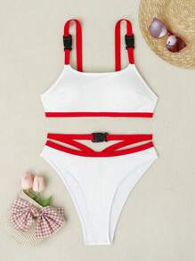 SHEIN Swim Women's Contrast Color Buckle Detail Bikini Set Summer Beach - Red and White - View 2