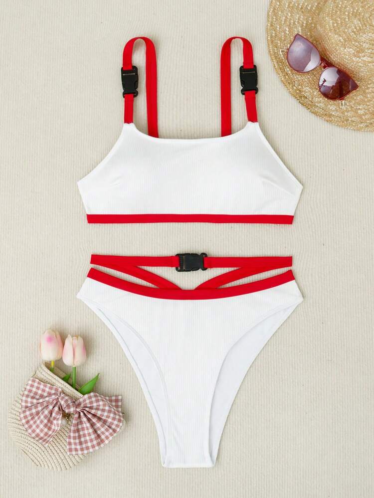 Women's Contrast Color Buckle Detail Bikini Set Summer Beach