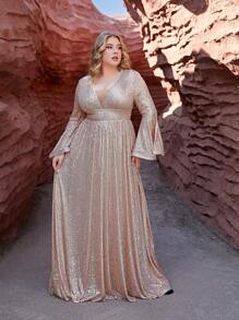 女士加大尺碼v領金色扇形袖晚裝 - 金色 - 查看 1